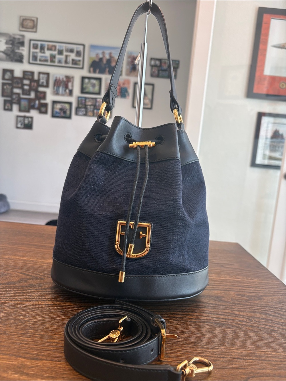 FURLA Corona S Denim and Leather Bucket Bag - Navy/Black EUC - Picture 2 of 11